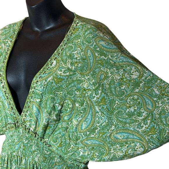 Zara women’s xl tiered maxi dress gauzy paisley boho beaded smock waist - Picture 6 of 9